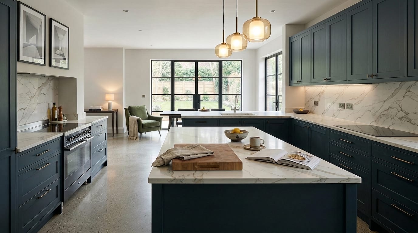 Mastercraft bespoke kitchen design, wide architectural view showing room volume and design quality