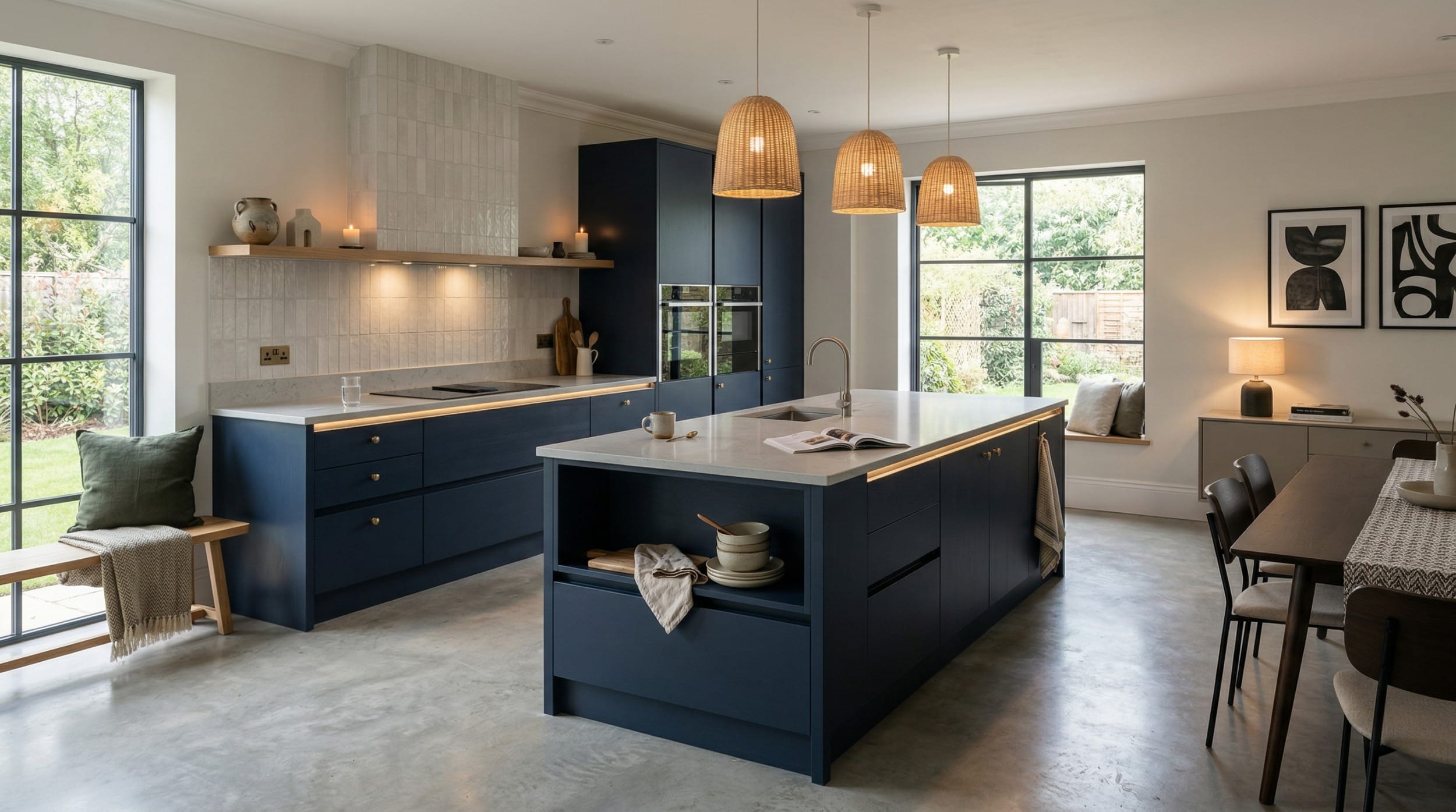 Modern kitchen with navy units, marble island, rattan pendant lights and large windows
