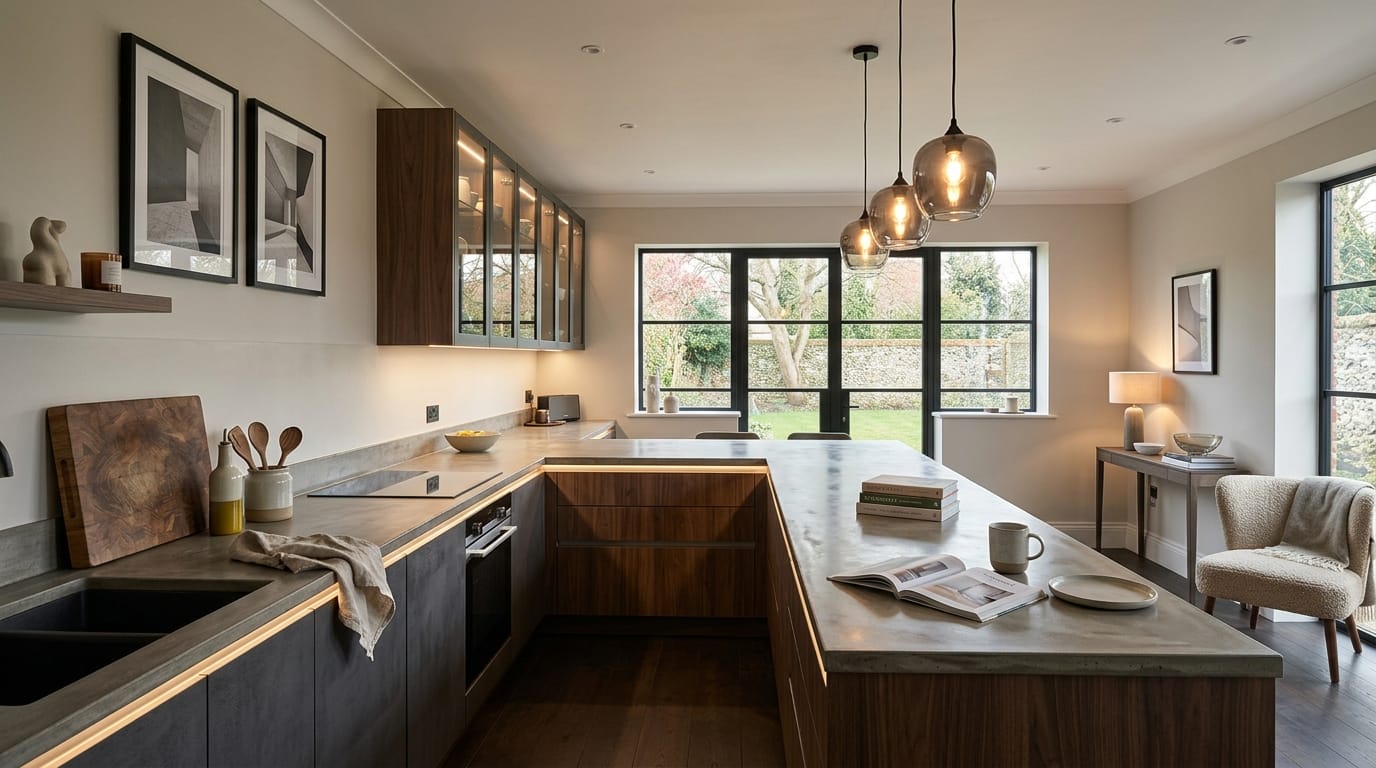 Mastercraft bespoke kitchen in Lavenham, wide architectural view showing room volume and design quality