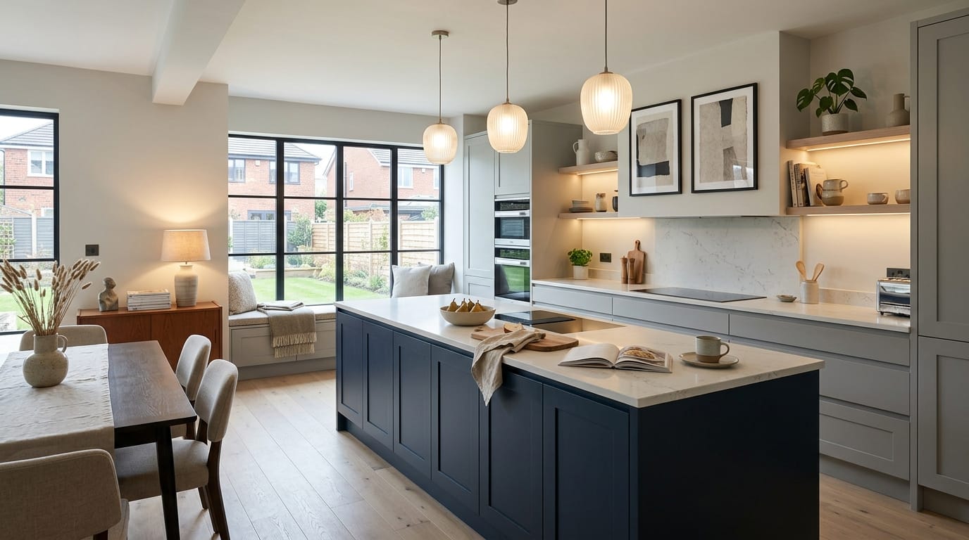 Mastercraft bespoke kitchen in Bootle, wide architectural view showing room volume and design quality