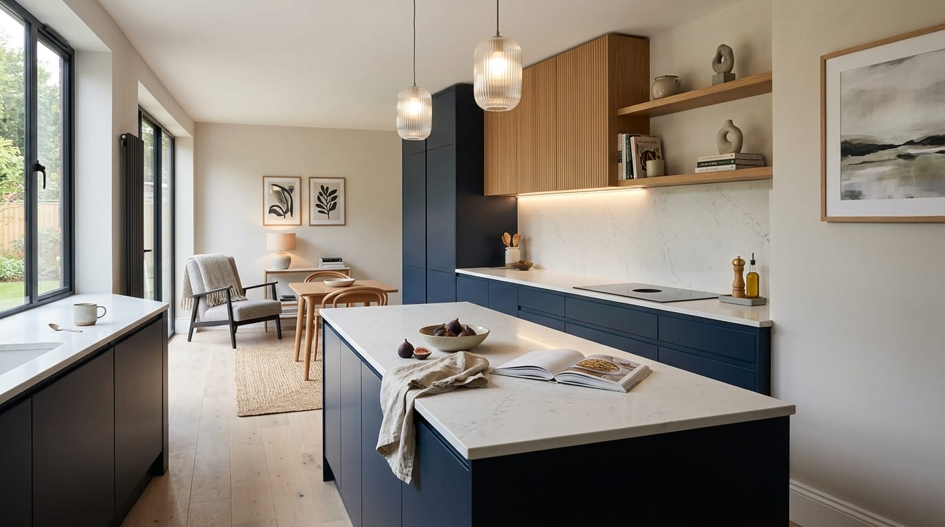 hero2_1200x675-57 Mastercraft bespoke kitchen in Crosby, wide architectural view showing room volume and design quality