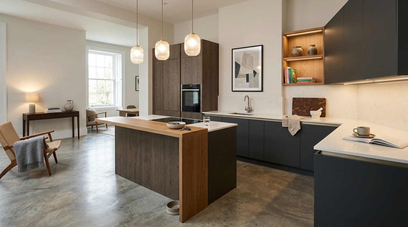 Mastercraft bespoke kitchen in Earlestown, wide architectural view showing room volume and design quality