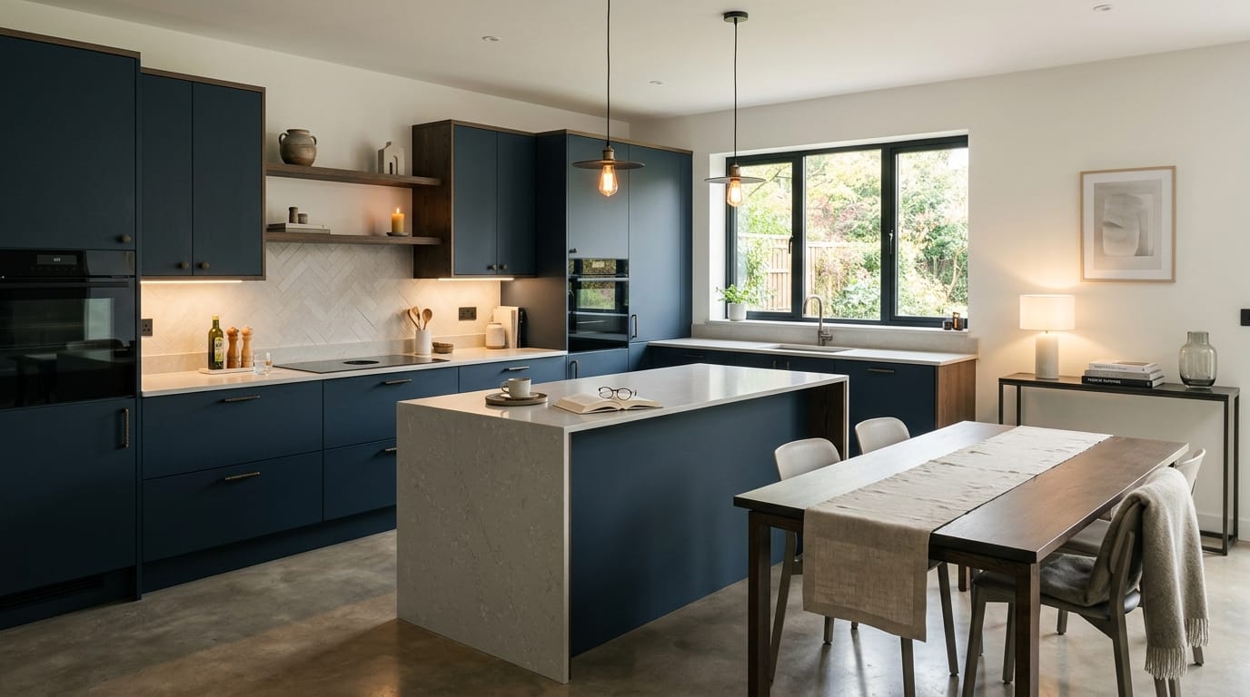 Mastercraft bespoke kitchen in Northwich, wide architectural view showing room volume and design quality