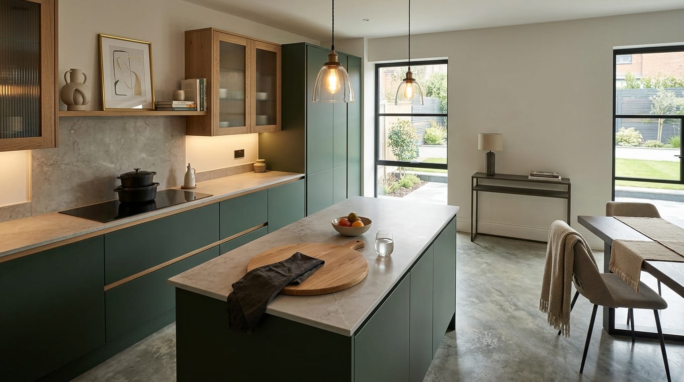 hero2_1200x675-61 Mastercraft bespoke kitchen in Heswall, wide architectural view showing room volume and design quality