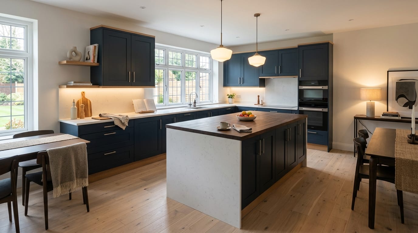 Mastercraft bespoke kitchen in Hoylake, wide architectural view showing room volume and design quality