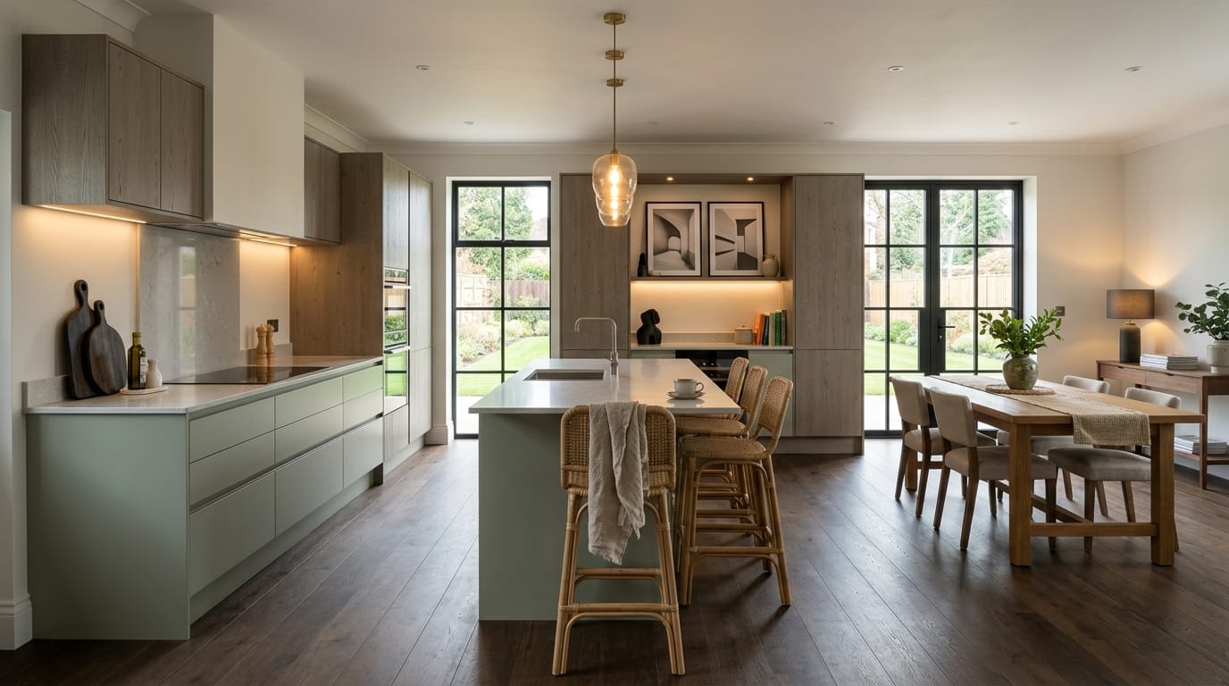 Mastercraft bespoke kitchen in Kirkby, wide architectural view showing room volume and design quality