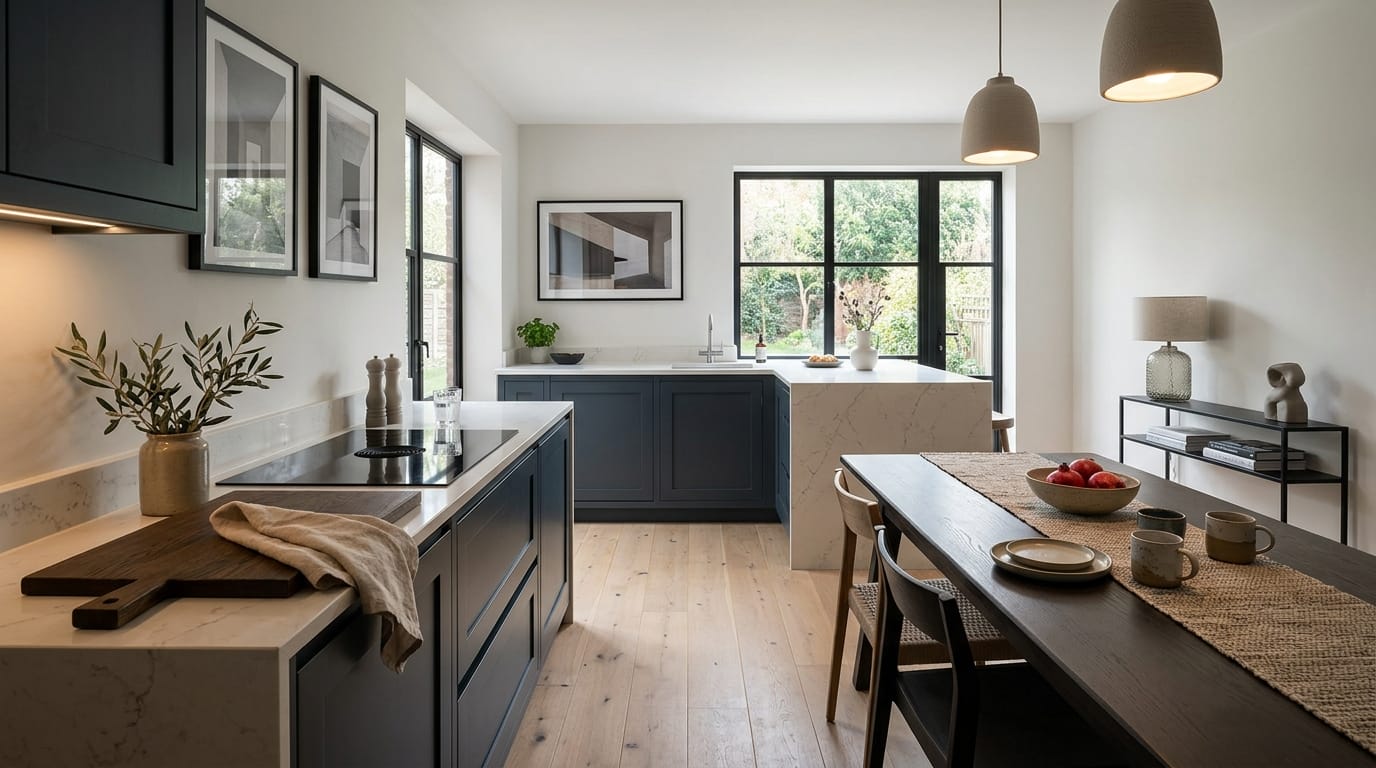 Mastercraft bespoke kitchen in Liverpool, wide architectural view showing room volume and design quality