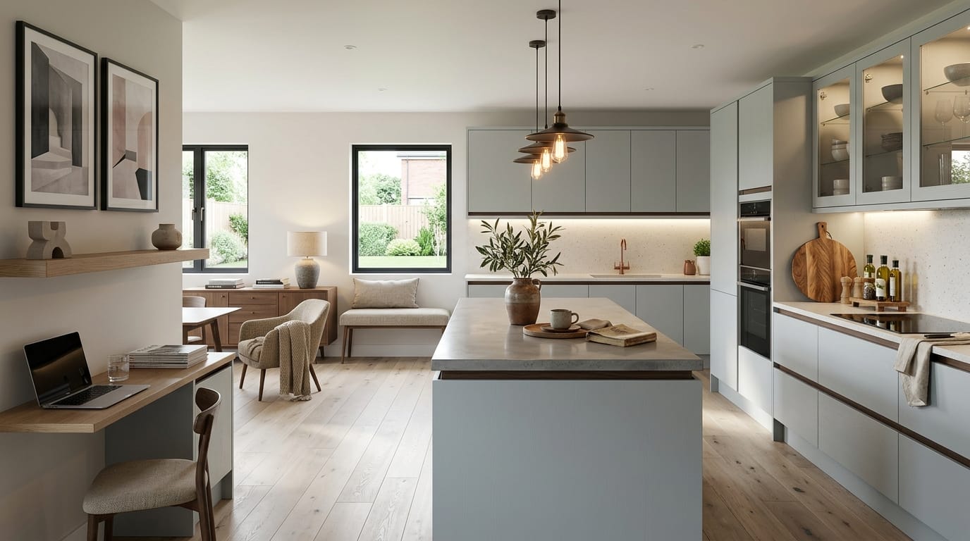 Mastercraft bespoke kitchen in Prescot, wide architectural view showing room volume and design quality