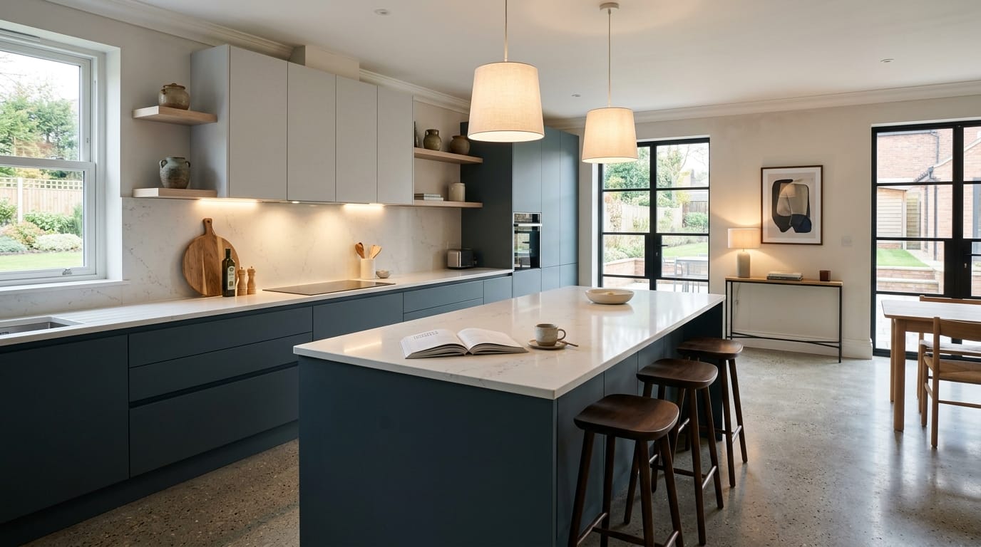 Mastercraft bespoke kitchen in Rainford, wide architectural view showing room volume and design quality