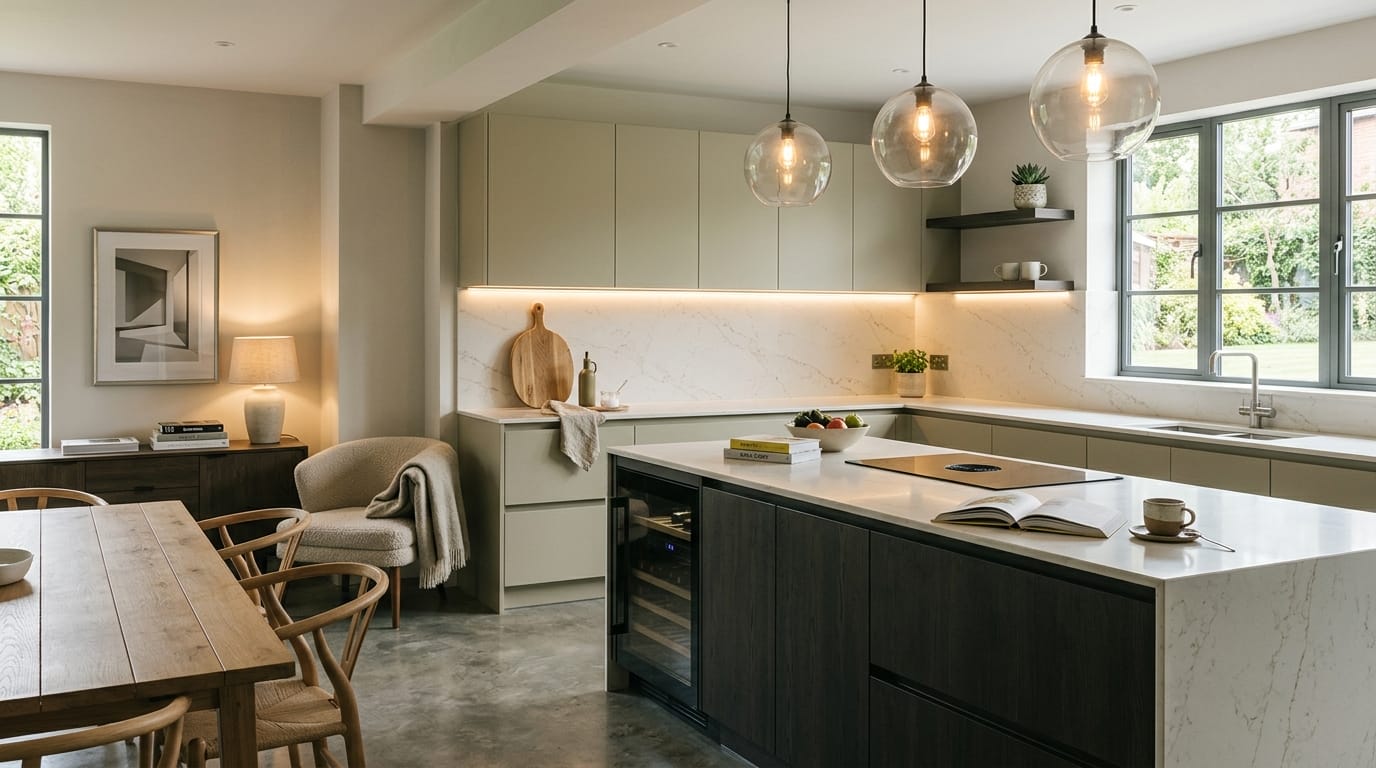 hero2_1200x675-7 Mastercraft bespoke kitchen in Nantwich, wide architectural view showing room volume and design quality