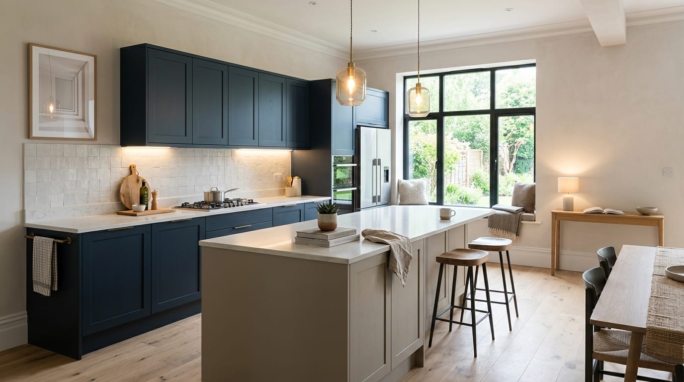 Mastercraft bespoke kitchen in Rainhill, wide architectural view showing room volume and design quality