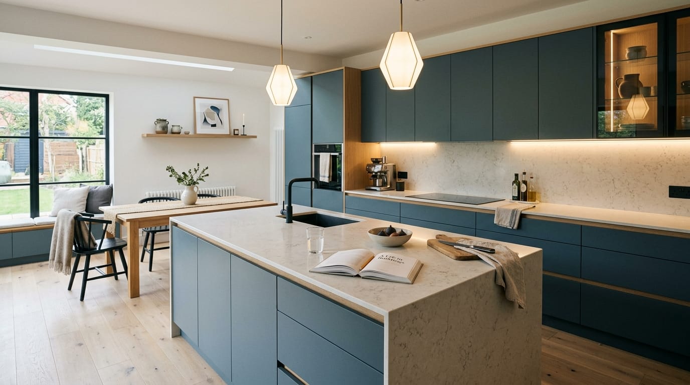 Mastercraft bespoke kitchen in Southport, wide architectural view showing room volume and design quality