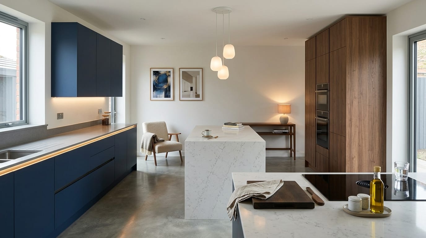 Mastercraft bespoke kitchen in Wirral, wide architectural view showing room volume and design quality