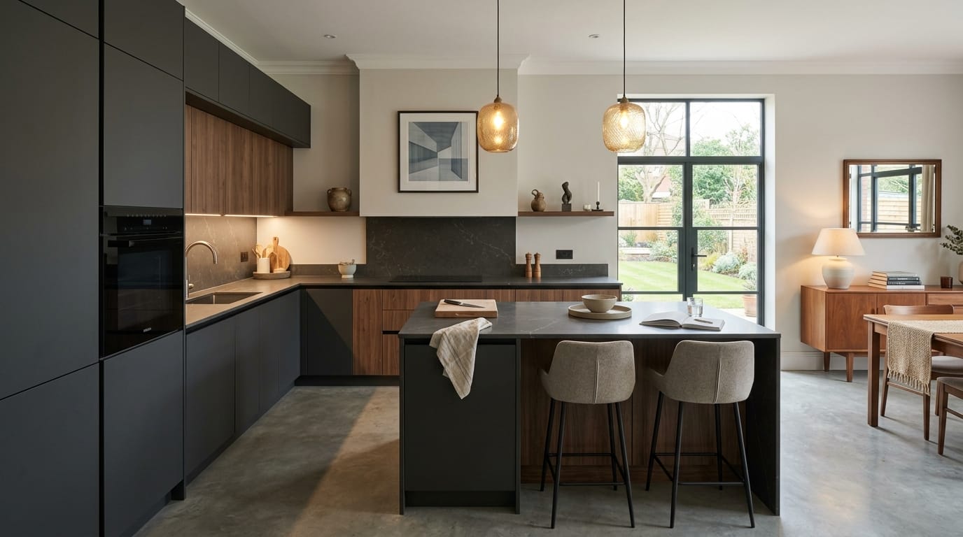 Mastercraft bespoke kitchen in Wallasey, wide architectural view showing room volume and design quality