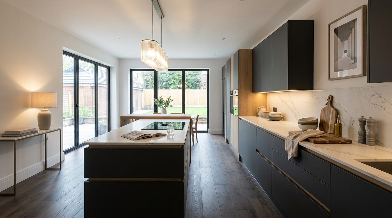 Mastercraft bespoke kitchen in Whiston, wide architectural view showing room volume and design quality