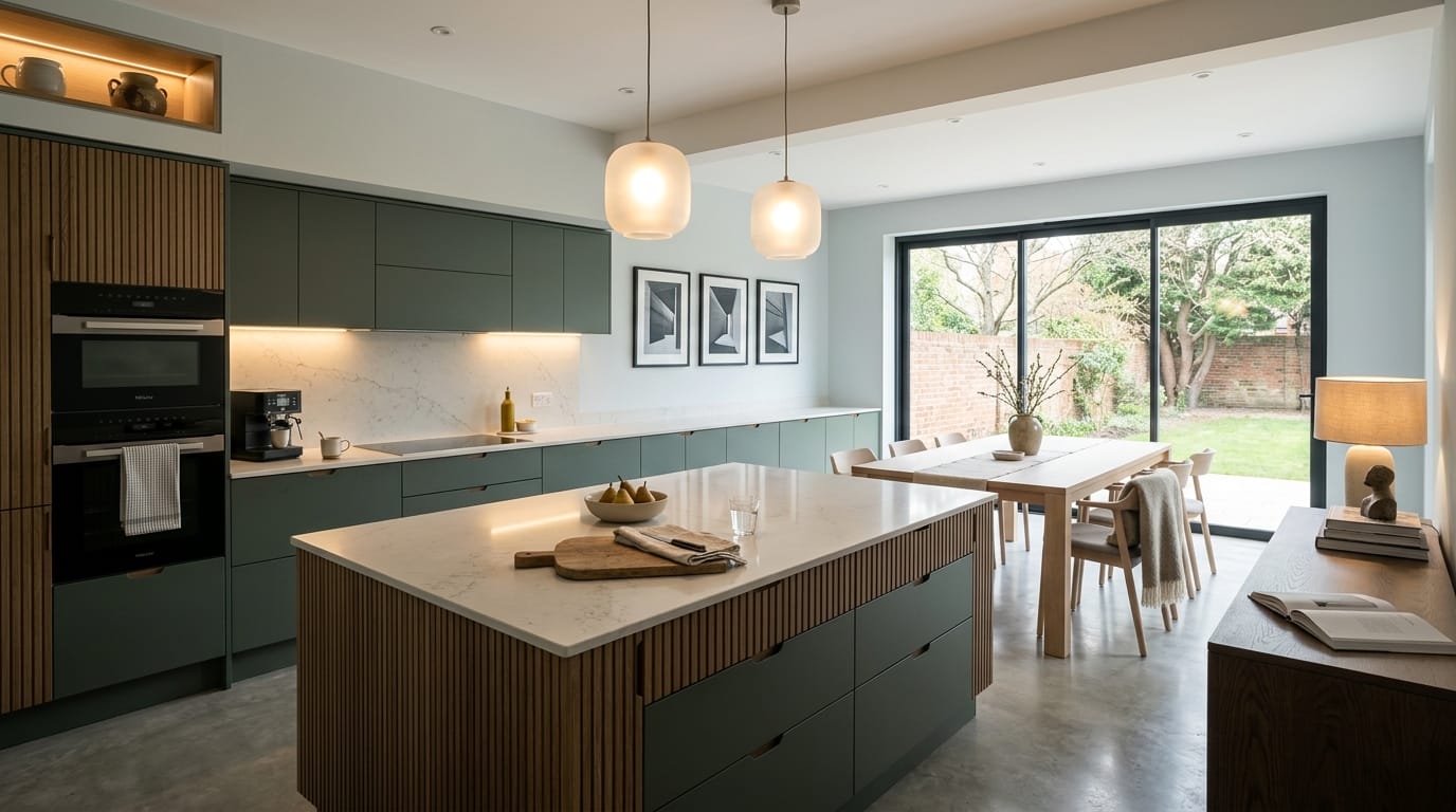 Mastercraft bespoke kitchen in Adlington, wide architectural view showing room volume and design quality
