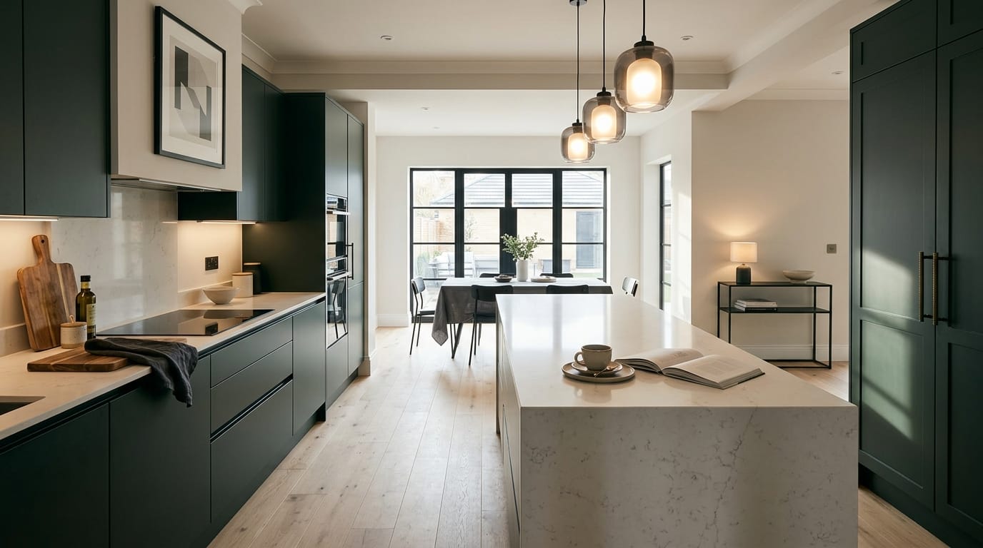 Mastercraft bespoke kitchen in Blackpool, wide architectural view showing room volume and design quality