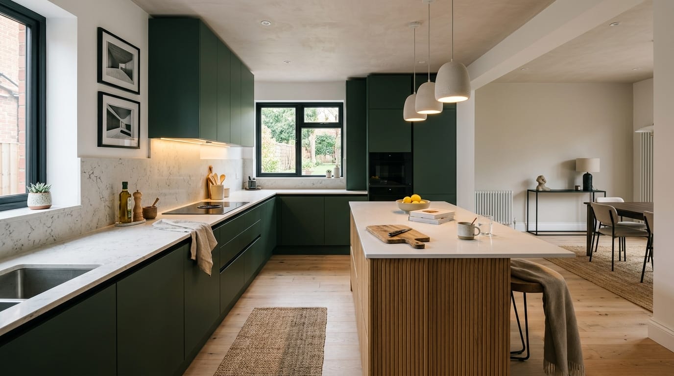 hero2_1200x675-8 Mastercraft bespoke kitchen in Manchester, wide architectural view showing room volume and design quality