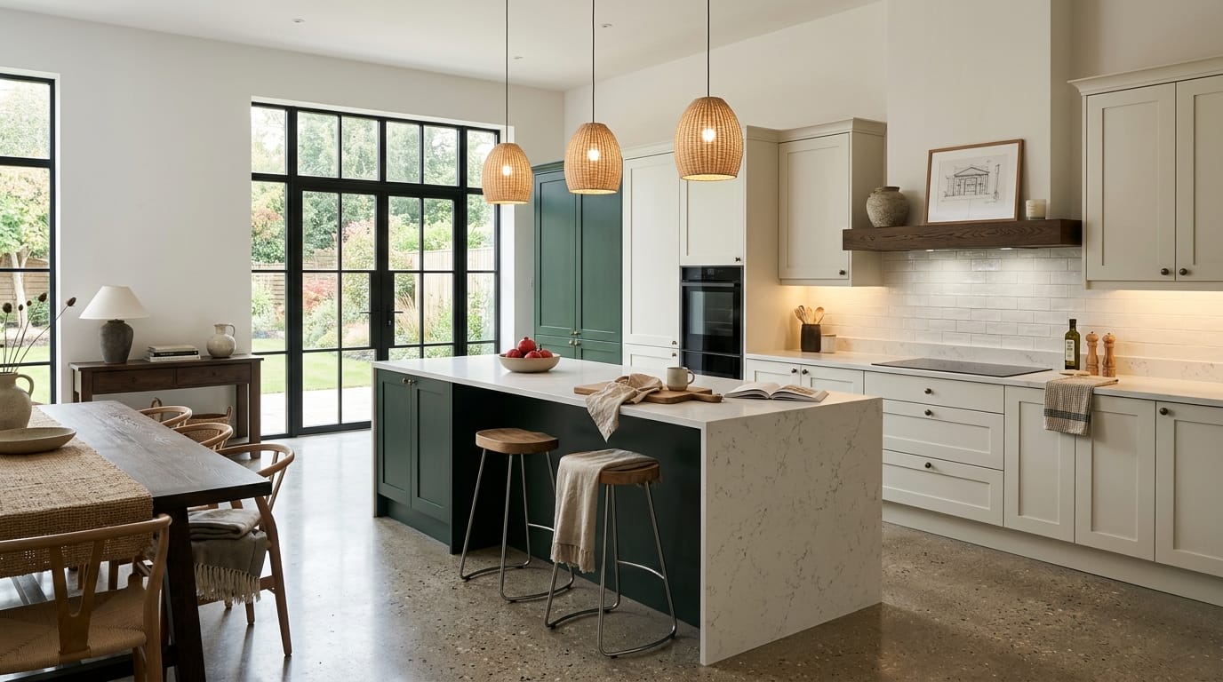 Mastercraft bespoke kitchen in Chorley, wide architectural view showing room volume and design quality