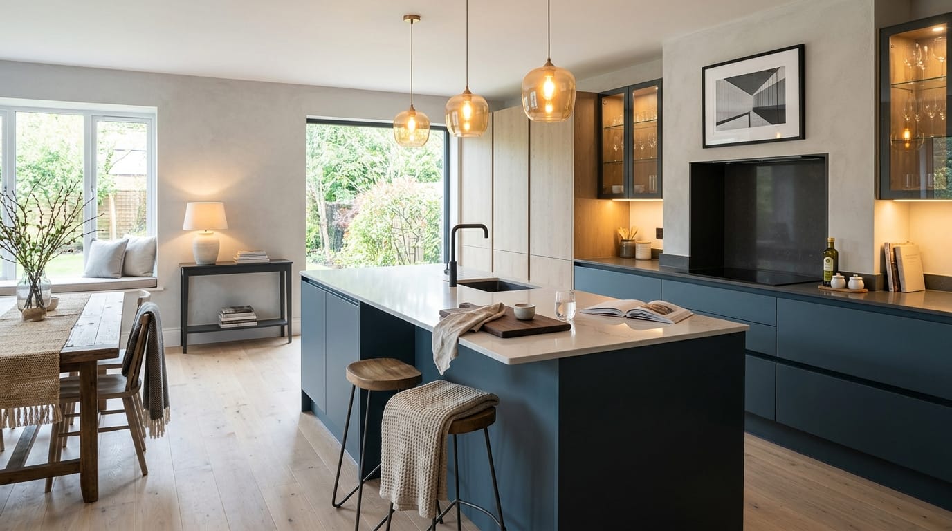 Mastercraft bespoke kitchen in Clayton-le-Moors, wide architectural view showing room volume and design quality