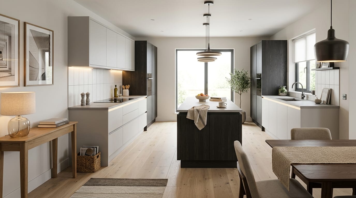 hero2_1200x675-85 Mastercraft bespoke kitchen in Cleveleys, wide architectural view showing room volume and design quality