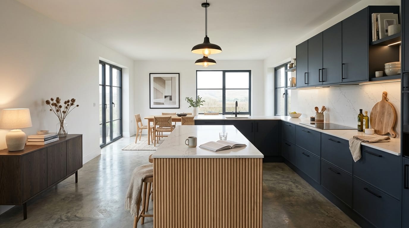 Mastercraft bespoke kitchen in Darwen, wide architectural view showing room volume and design quality