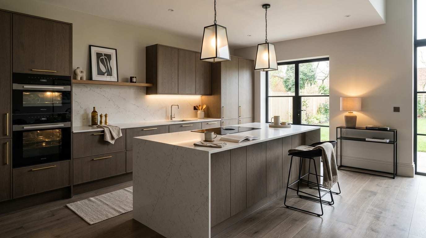 hero2_1200x675-88 Mastercraft bespoke kitchen in Fleetwood, wide architectural view showing room volume and design quality