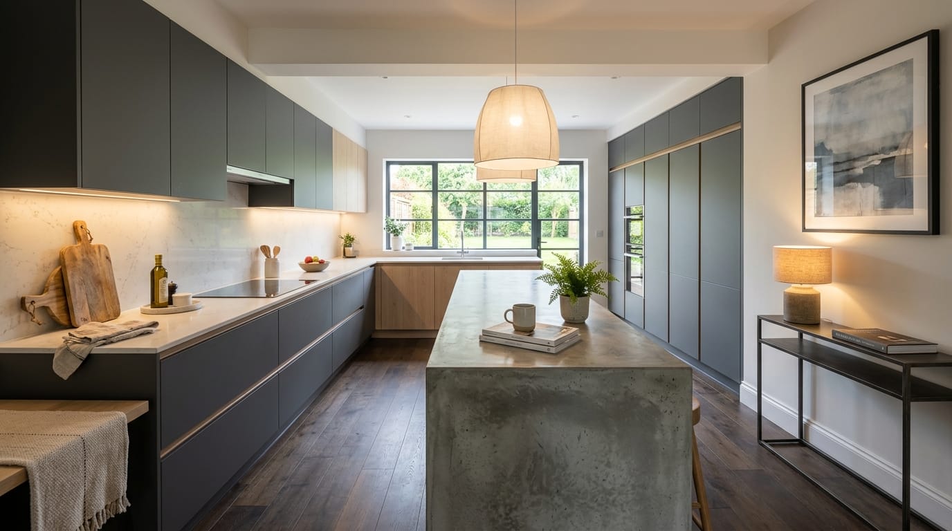 Mastercraft bespoke kitchen in Garstang, wide architectural view showing room volume and design quality