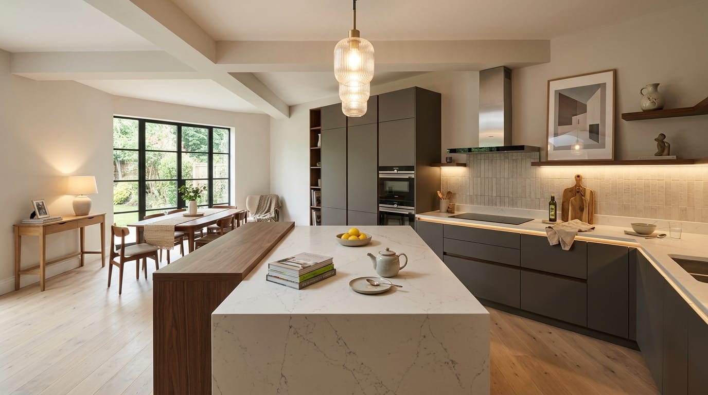 hero2_1200x675-9 Mastercraft bespoke kitchen in Altrincham, wide architectural view showing room volume and design quality