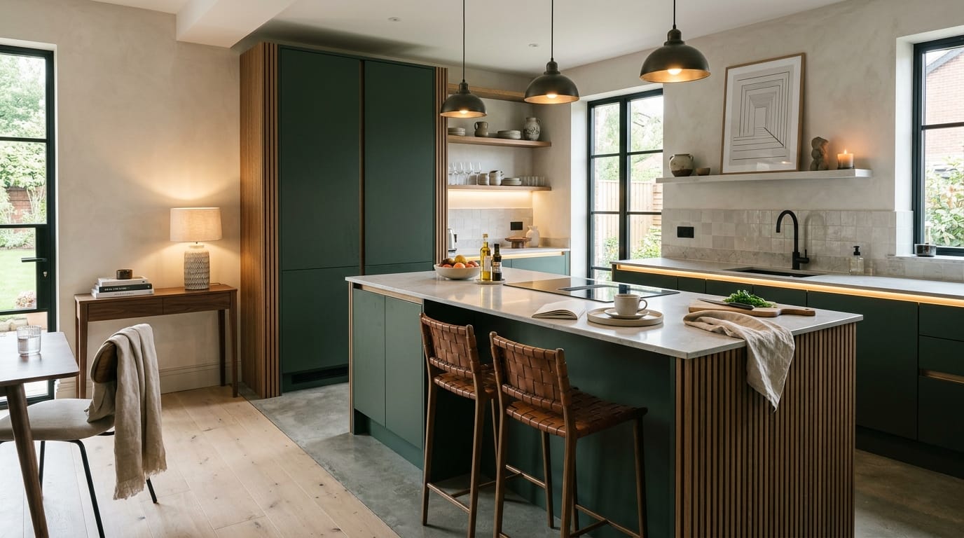 Mastercraft bespoke kitchen in Great Harwood, wide architectural view showing room volume and design quality