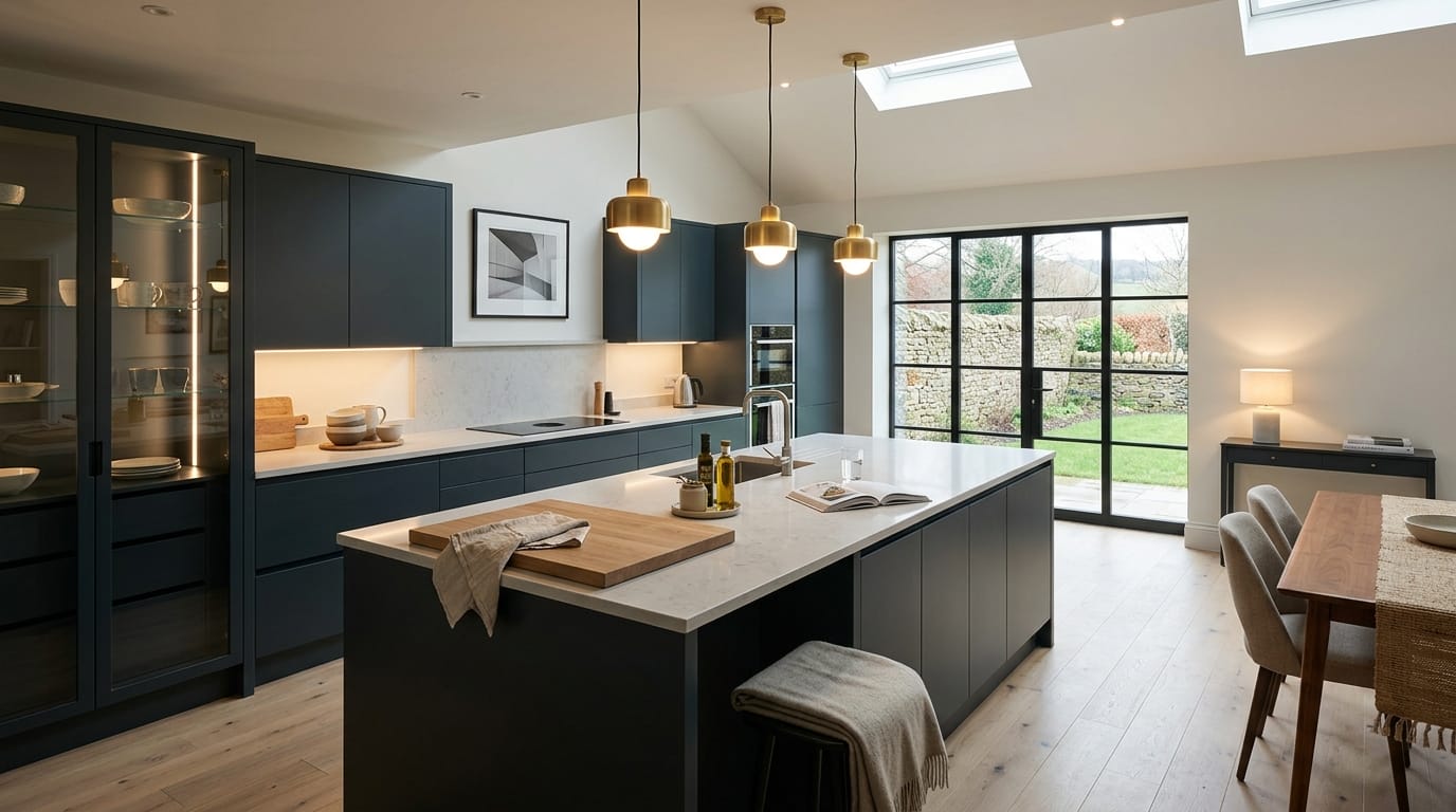 Mastercraft bespoke kitchen in Lancaster, wide architectural view showing room volume and design quality