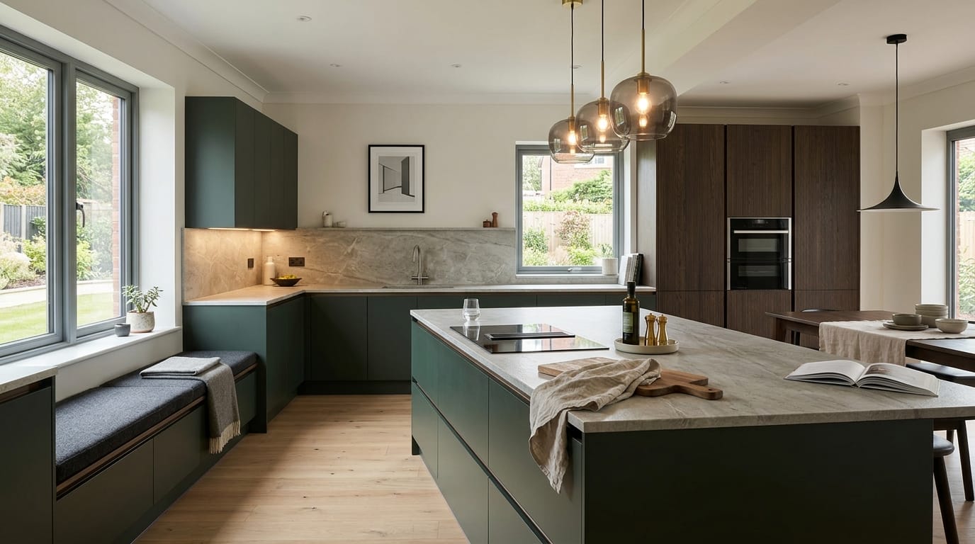 Mastercraft bespoke kitchen in Leyland, wide architectural view showing room volume and design quality