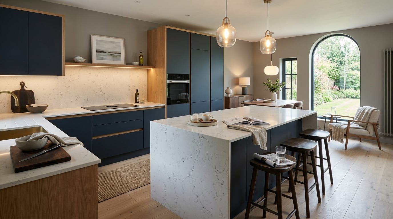 Mastercraft bespoke kitchen in Longridge, wide architectural view showing room volume and design quality