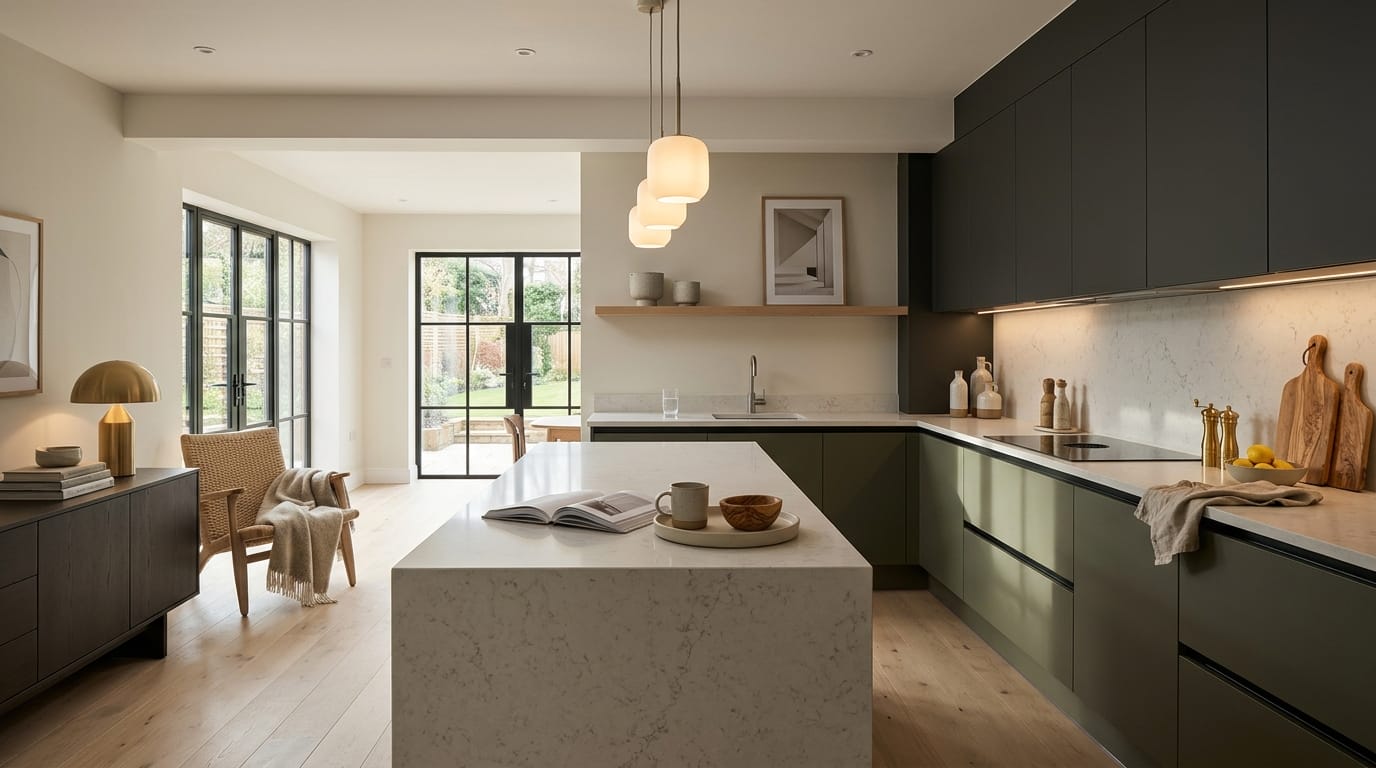 Mastercraft bespoke kitchen in Lytham St Annes, wide architectural view showing room volume and design quality