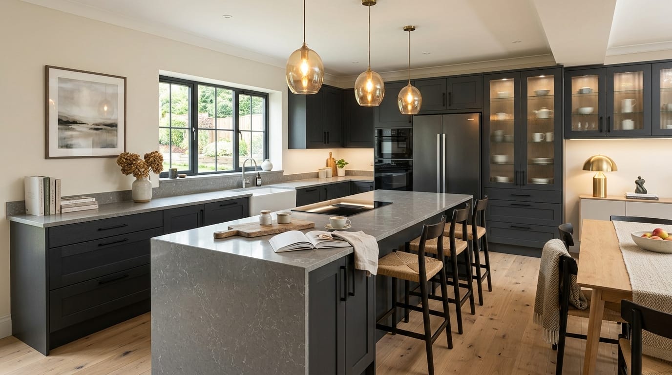 Mastercraft bespoke kitchen in Oswaldtwistle, wide architectural view showing room volume and design quality