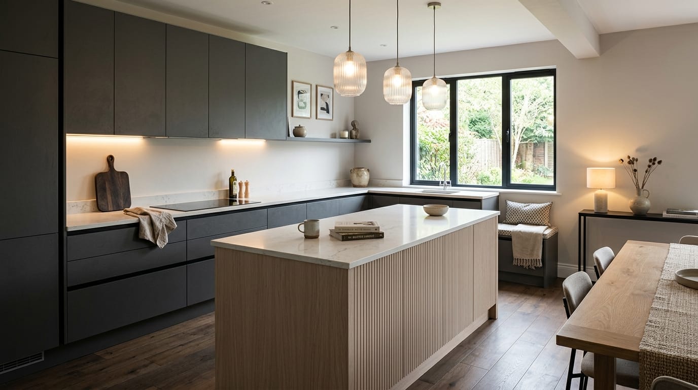 Mastercraft bespoke kitchen in Padiham, wide architectural view showing room volume and design quality