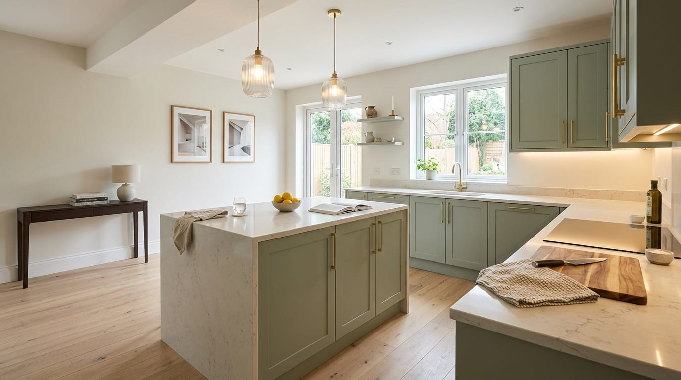 hero_1200x675-1 Wide view of a newly completed bespoke Mastercraft kitchen, modern shaker cabinetry in light grey tones
