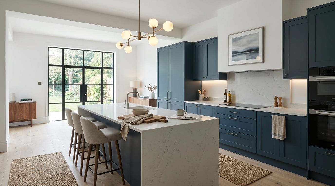 Wide view of a newly completed bespoke Mastercraft kitchen, contemporary in-frame cabinetry in taupe grey tones