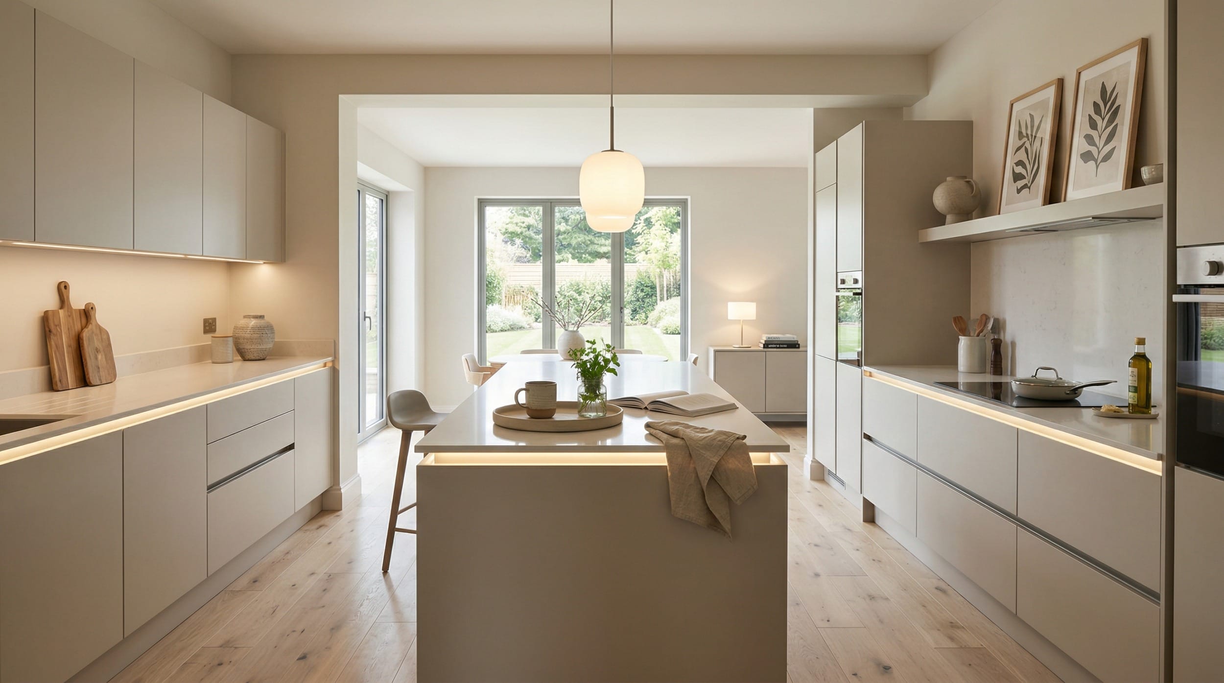 Wide view of a newly completed bespoke Mastercraft kitchen, modern shaker cabinetry in pantry blue tones