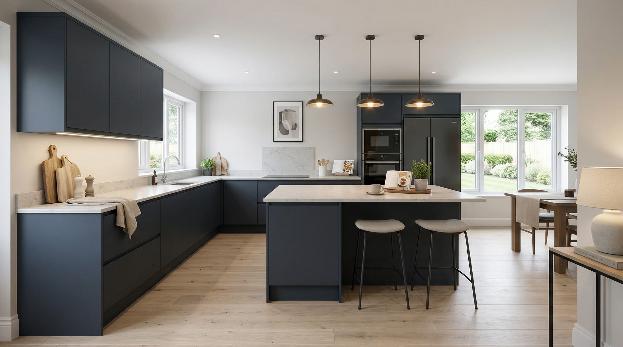Wide view of a newly completed bespoke Mastercraft kitchen, timber veneer slab-door cabinetry in cardamom tones
