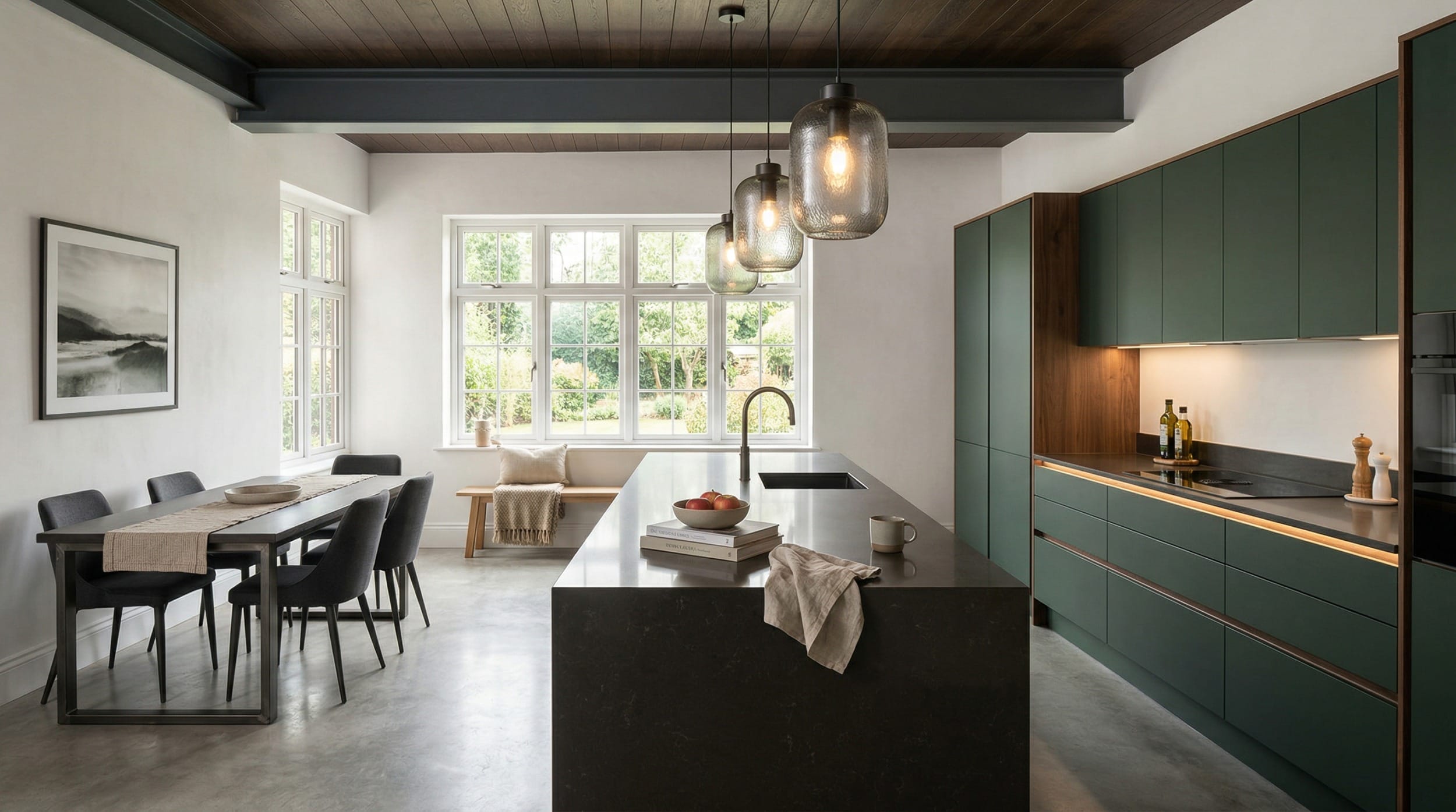 hero_1200x675-102 Wide view of a newly completed bespoke Mastercraft kitchen, contemporary painted lay-on cabinetry in shell tones