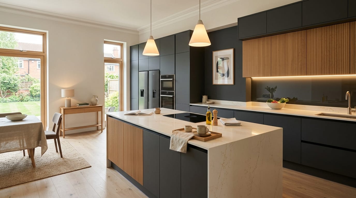 hero_1200x675-103 Wide view of a newly completed bespoke Mastercraft kitchen, modern shaker cabinetry in viridian tones