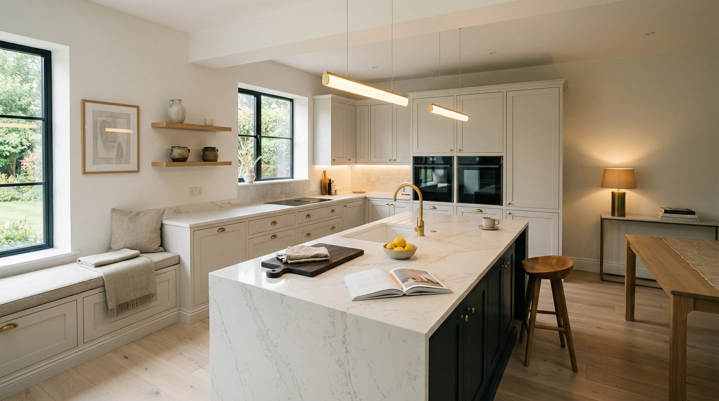 Wide view of a newly completed bespoke Mastercraft kitchen, matt painted handleless slab cabinetry in indigo tones