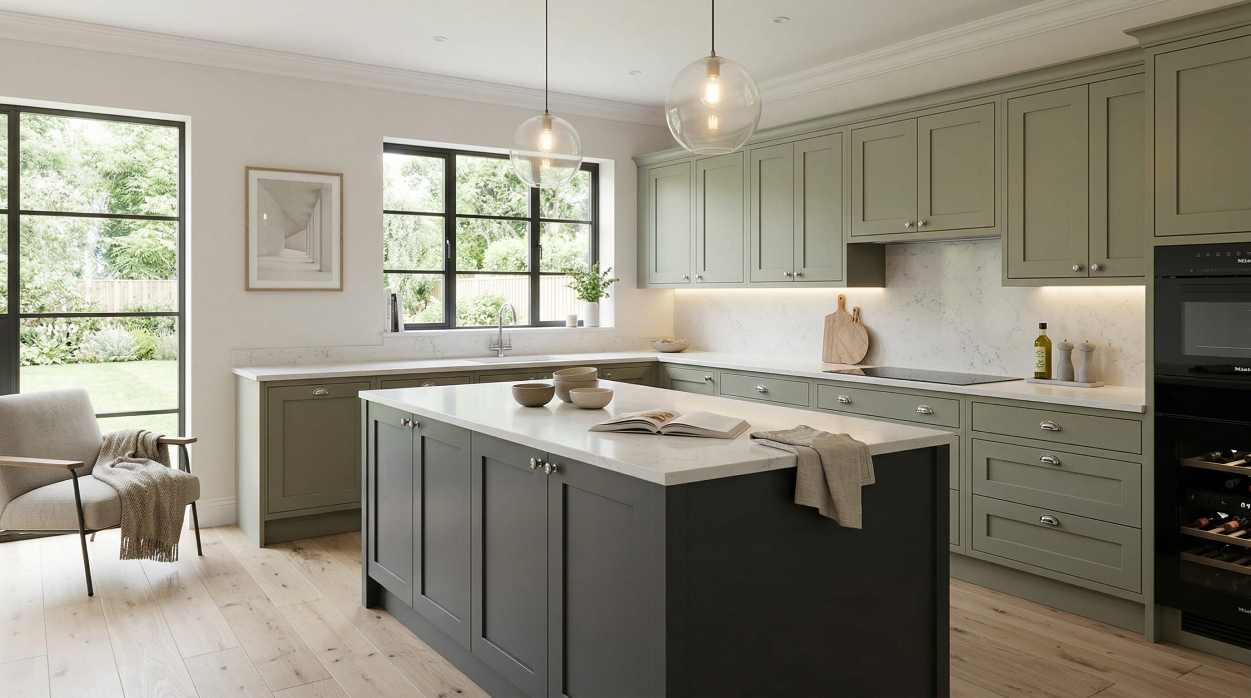 Wide view of a newly completed bespoke Mastercraft kitchen, contemporary in-frame cabinetry in graphite tones