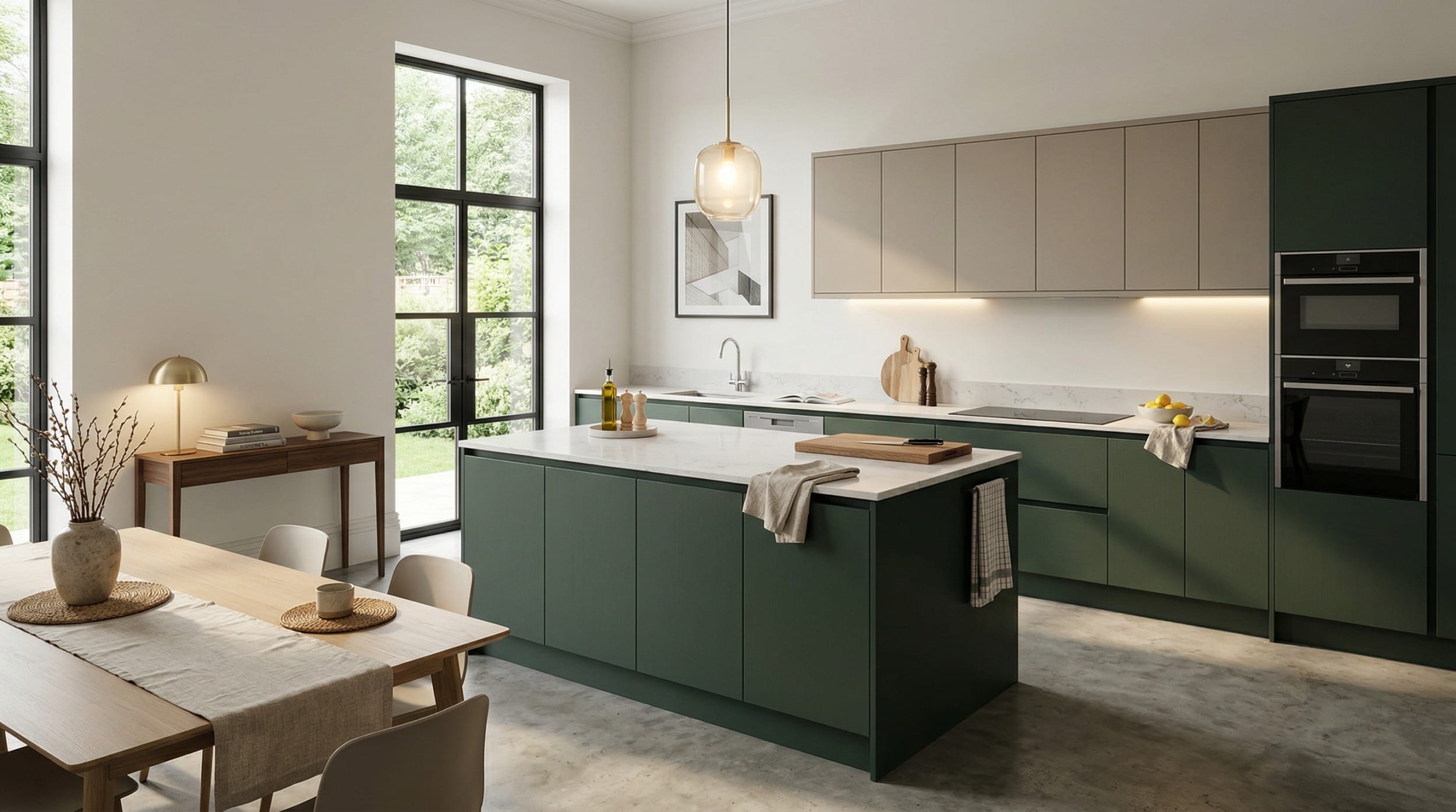 Wide view of a newly completed bespoke Mastercraft kitchen, modern shaker cabinetry in light grey tones