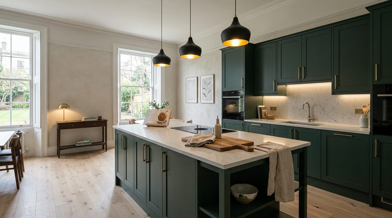Wide view of a newly completed bespoke Mastercraft kitchen, matt painted handleless slab cabinetry in cashmere tones