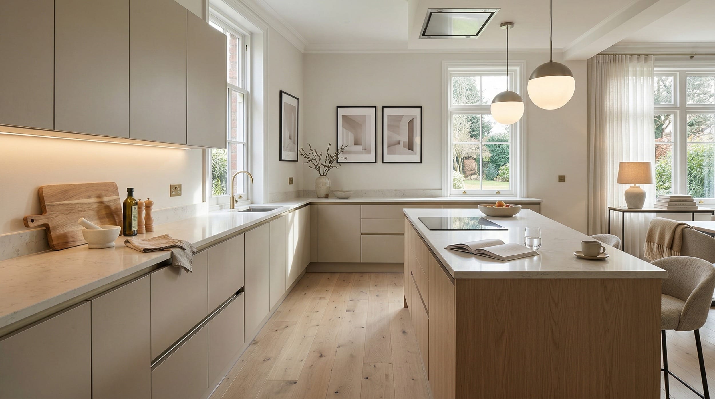hero_1200x675-110 Wide view of a newly completed bespoke Mastercraft kitchen, contemporary painted lay-on cabinetry in monument grey tones