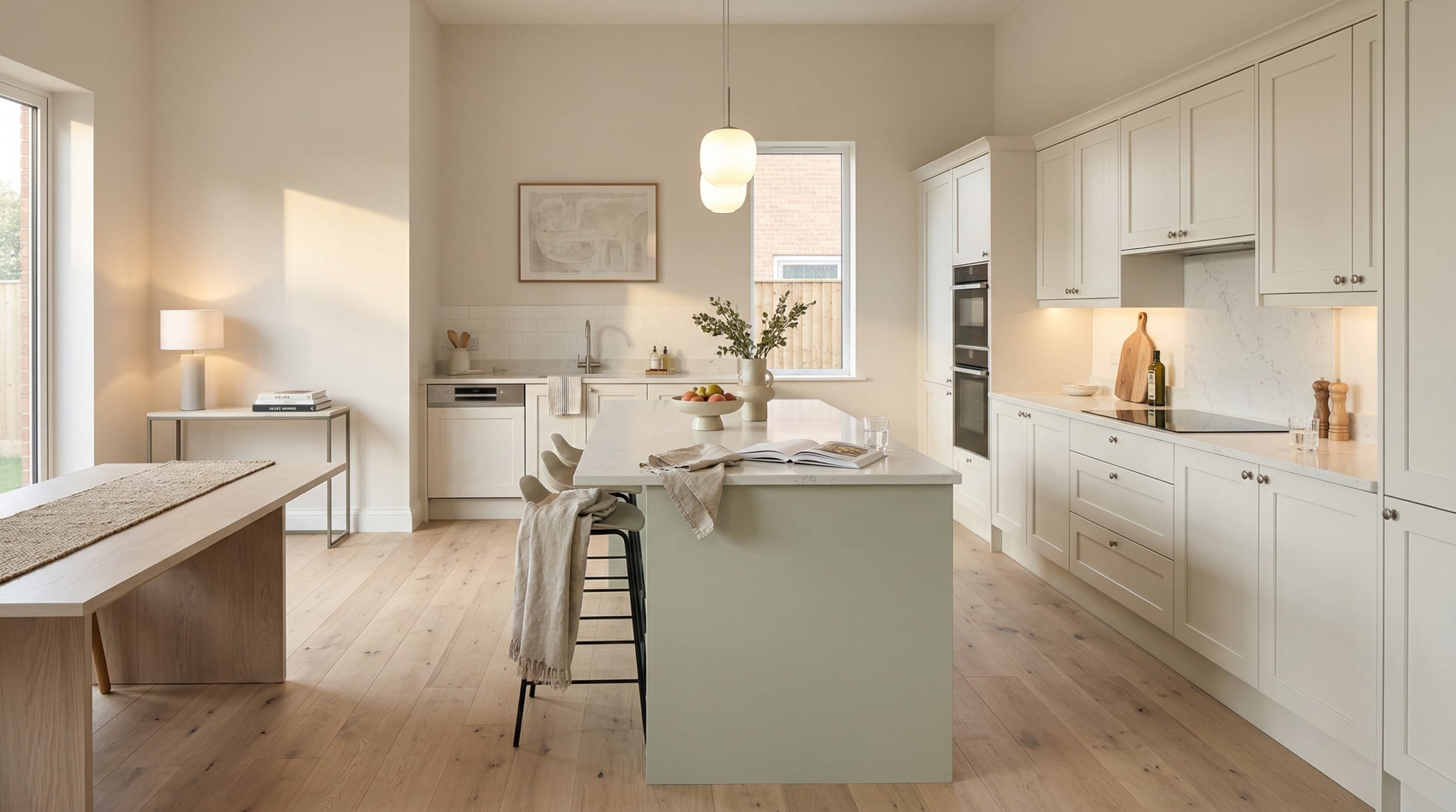 hero_1200x675-111 Wide view of a newly completed bespoke Mastercraft kitchen, matt painted handleless slab cabinetry in mussel tones