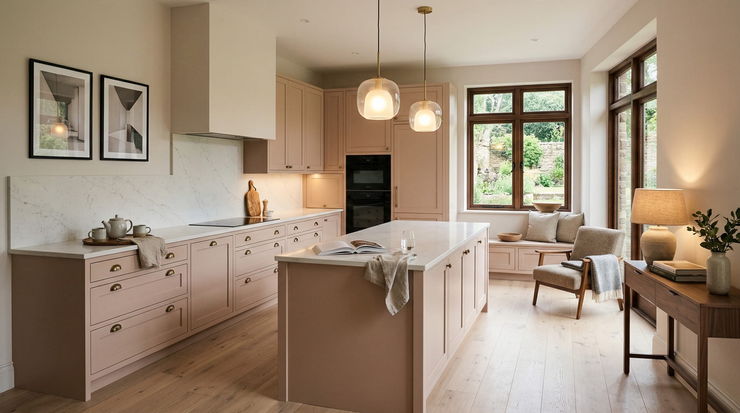 hero_1200x675-112 Wide view of a newly completed bespoke Mastercraft kitchen, modern shaker cabinetry in airforce tones