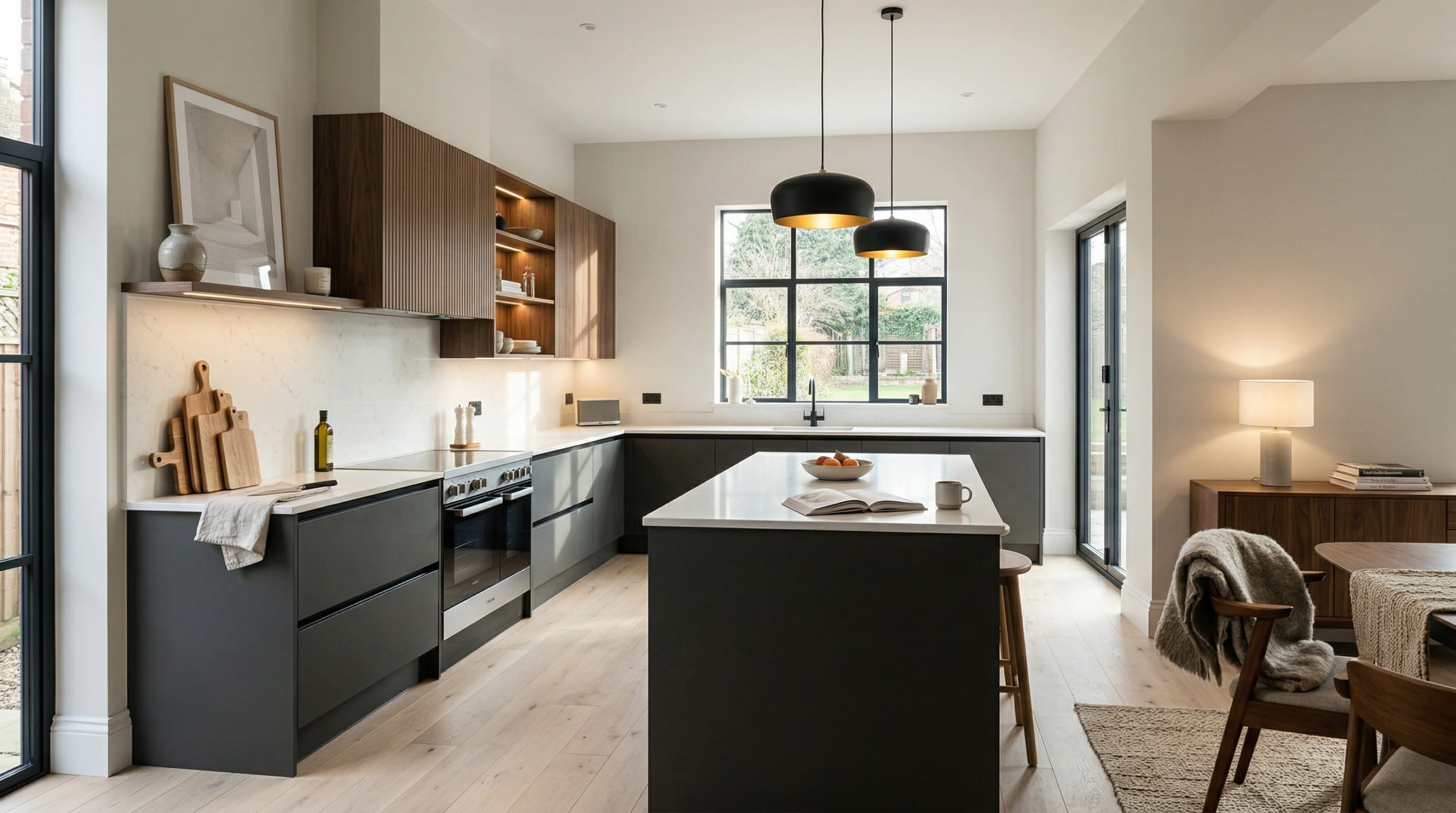 Wide view of a newly completed bespoke Mastercraft kitchen, modern shaker cabinetry in marine tones